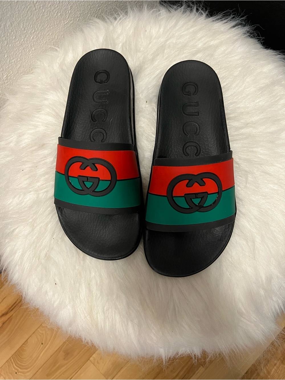 Gucci Black Slides with Red and Green Striped Band and Logo